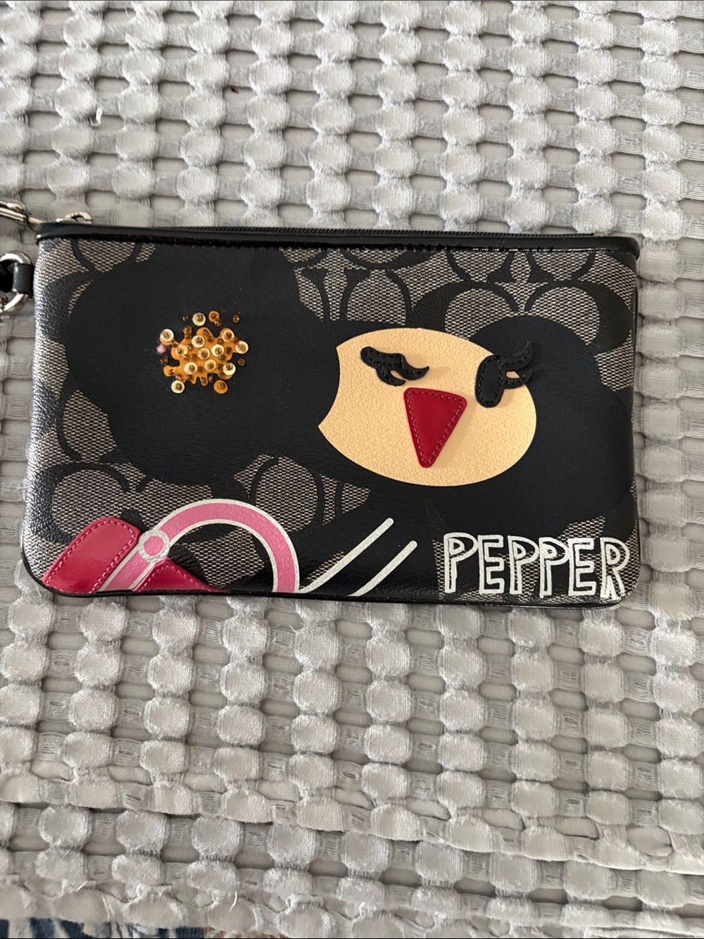 Coach Black Signature Canvas Pepper Applique Wristlet with Pink Accent